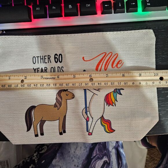 Funny 60th Birthday Unicorn Pole Dancing Canvas Makeup Bag Cosmetic Pouch - Picture 2 of 4